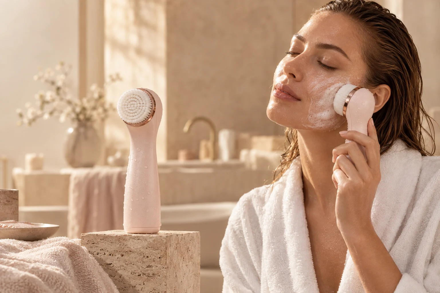 Illustrative beauty campaign: a woman enjoying a facial cleansing ritual with a blush pink brush