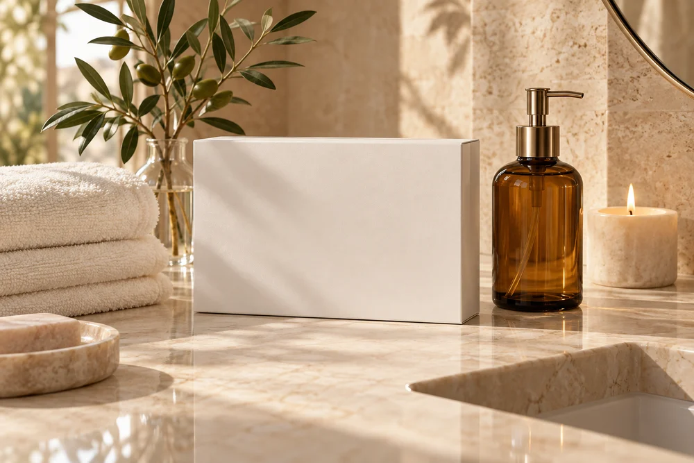 Warm skincare ritual on a marble vanity