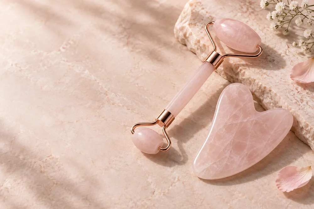Rose-coloured facial roller and gua sha
